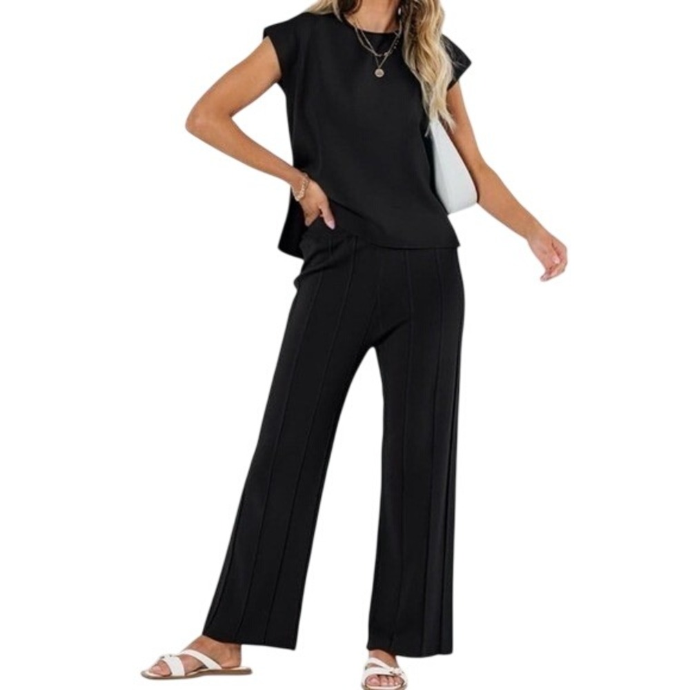 Lillusory Black Cable Knit Two Piece Set Short Sleeve Top Wide Leg Pants Medium